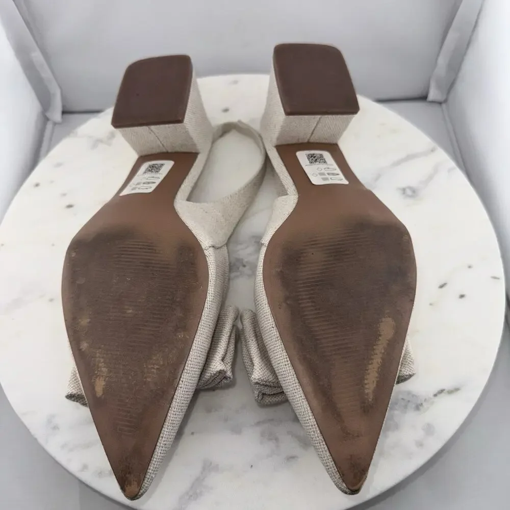 ASOS Suzy‎ Bow Slingback Heels EU40 US9 Beige Fabric Pointed Toe Block Heel